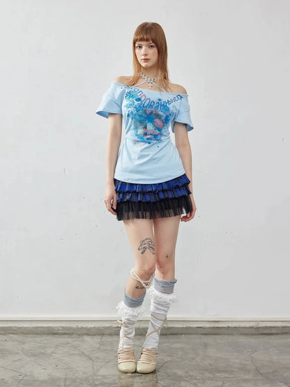 Emoha Summer Blue Miu Off Shoulder Crop Top