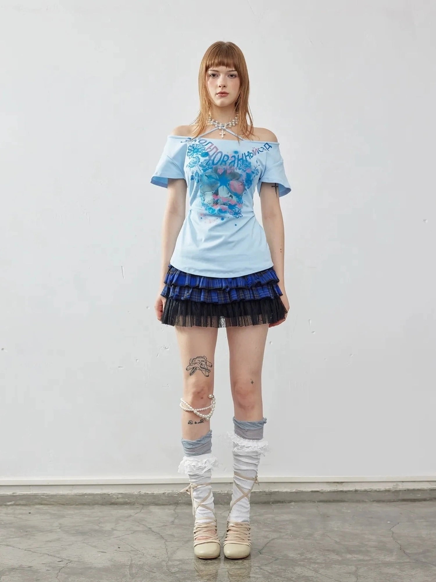 Emoha Summer Blue Miu Off Shoulder Crop Top