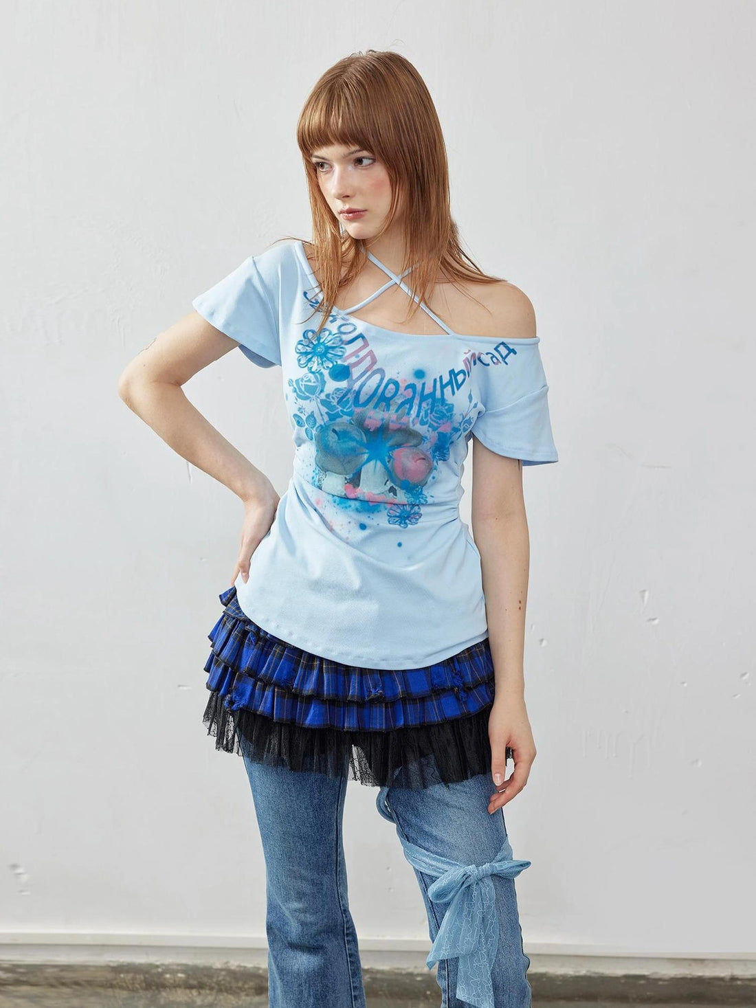 Emoha Summer Blue Miu Off Shoulder Crop Top