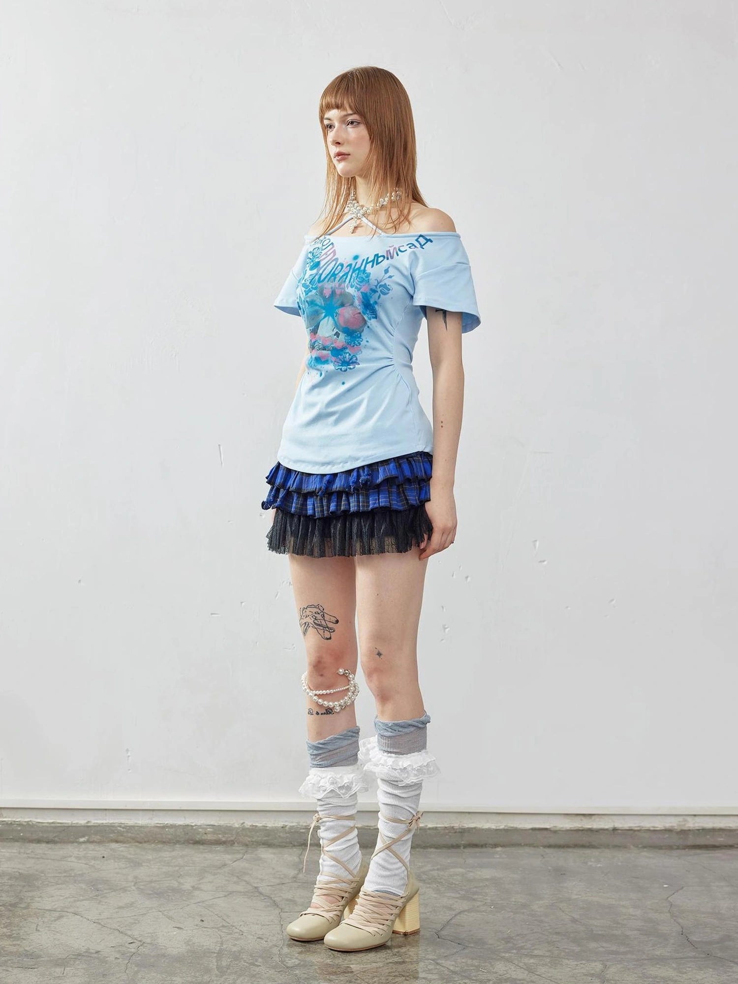 Emoha Summer Blue Miu Off Shoulder Crop Top