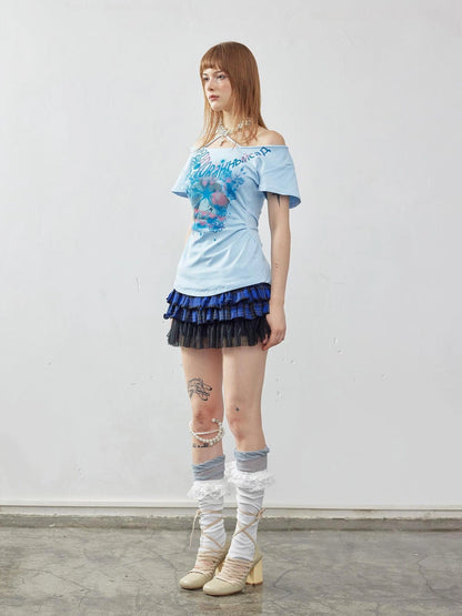 Emoha Summer Blue Miu Off Shoulder Crop Top