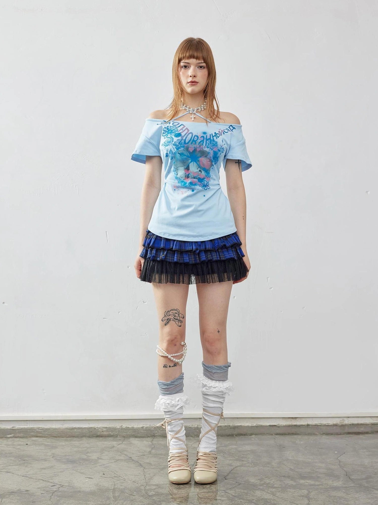 Emoha Summer Blue Miu Off Shoulder Crop Top