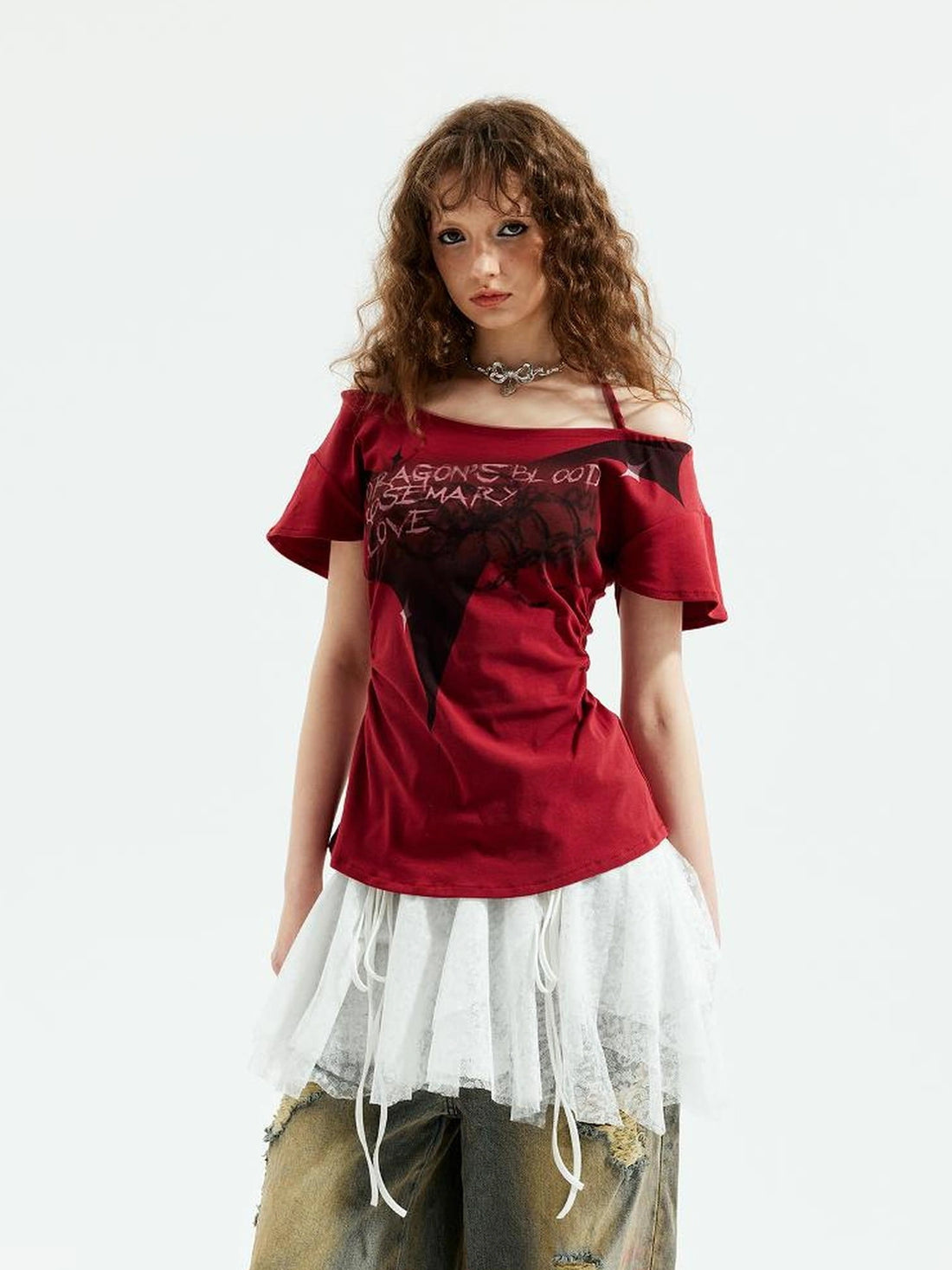 Emoha Unisex Gothic Print Red Flutter Sleeve V-neck T-shirt Long Sleeve