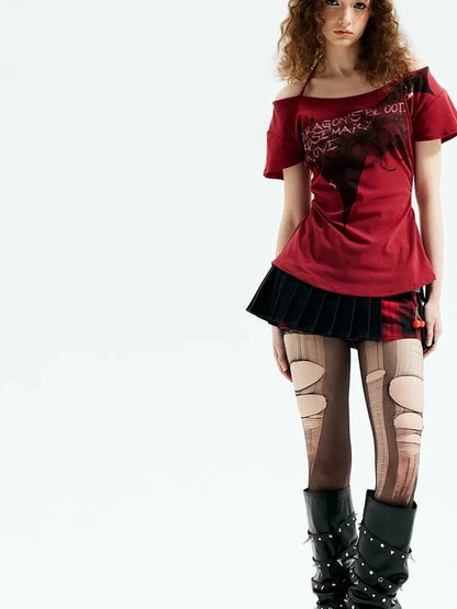 Emoha Unisex Gothic Print Red Flutter Sleeve V-neck T-shirt Long Sleeve