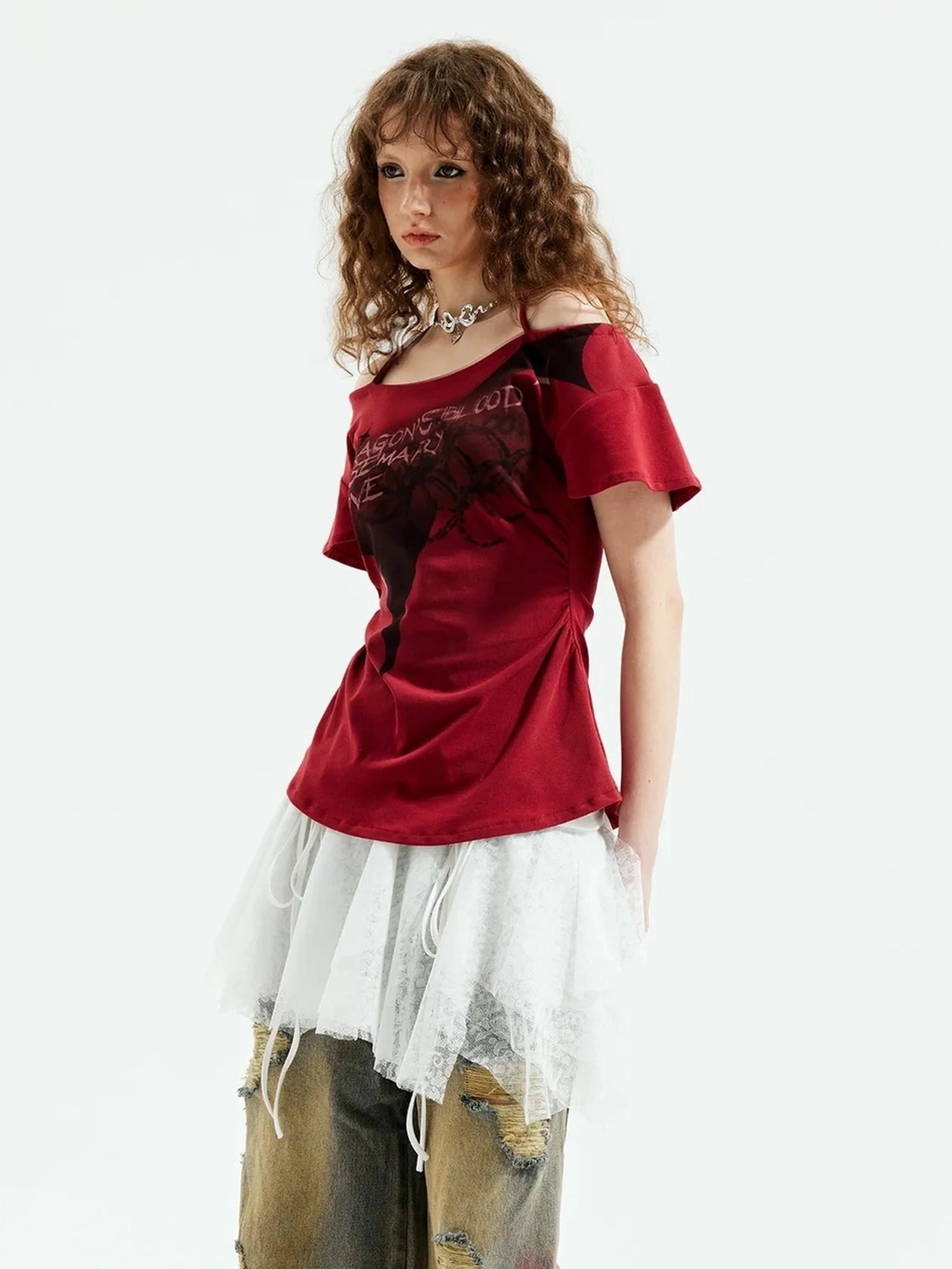 Emoha Unisex Gothic Print Red Flutter Sleeve V-neck T-shirt Long Sleeve