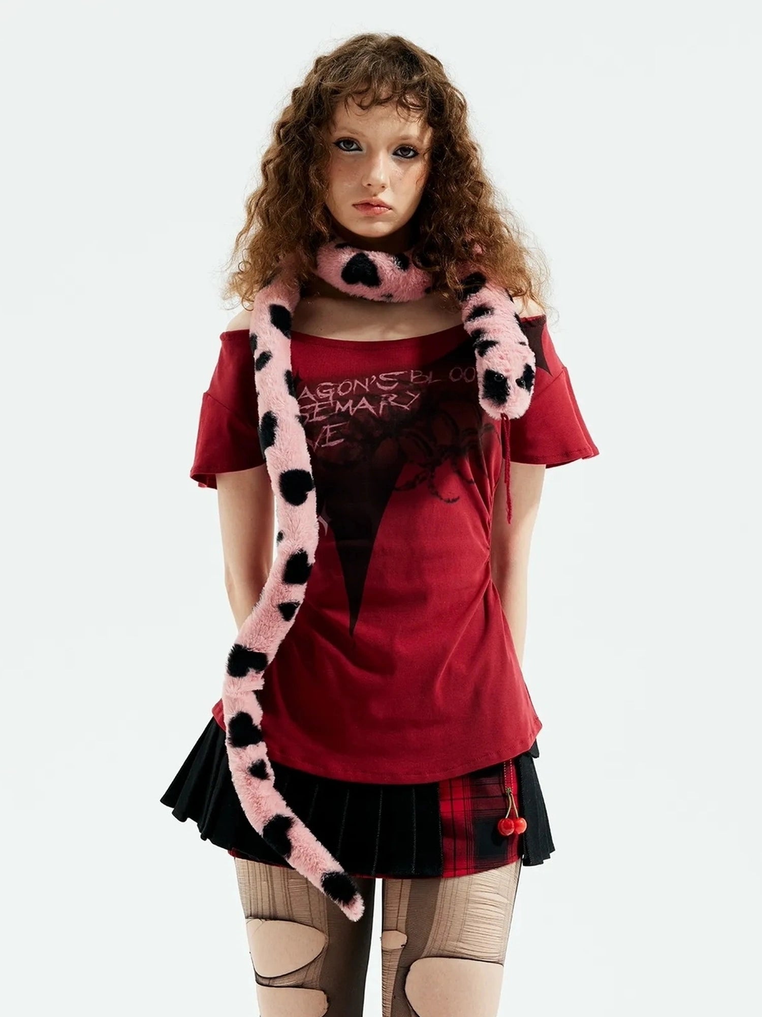 Emoha Unisex Gothic Print Red Flutter Sleeve V-neck T-shirt Long Sleeve