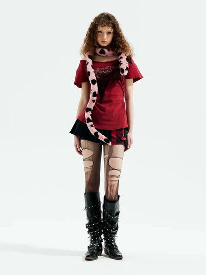 Emoha Unisex Gothic Print Red Flutter Sleeve V-neck T-shirt Long Sleeve