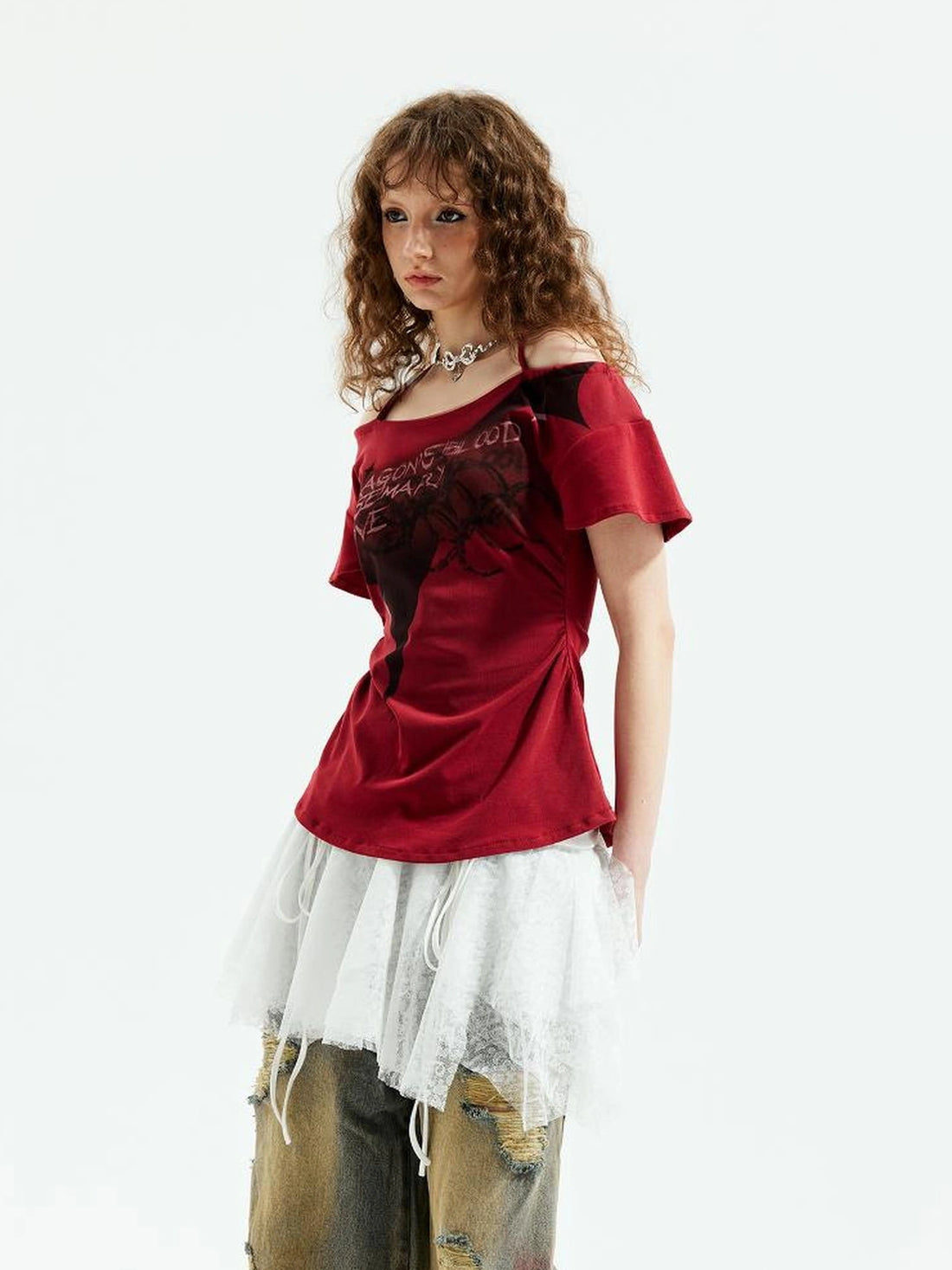 Emoha Unisex Gothic Print Red Flutter Sleeve V-neck T-shirt Long Sleeve