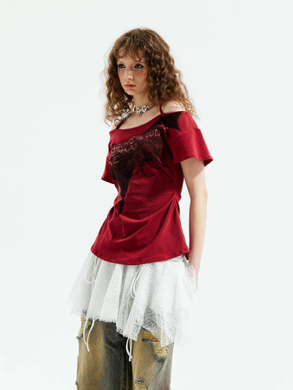 Emoha Unisex Gothic Print Red Flutter Sleeve V-neck T-shirt Long Sleeve