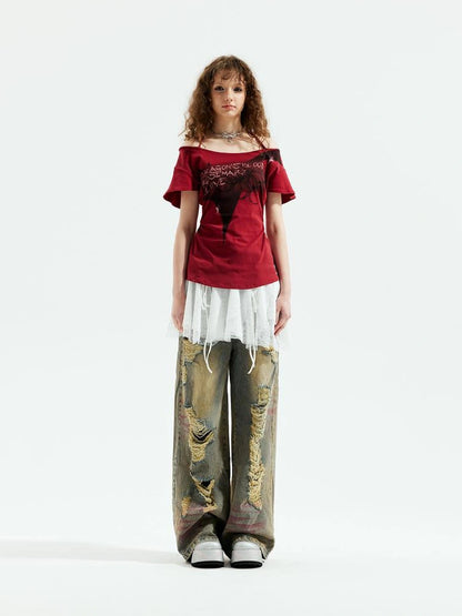Emoha Unisex Gothic Print Red Flutter Sleeve V-neck T-shirt Long Sleeve
