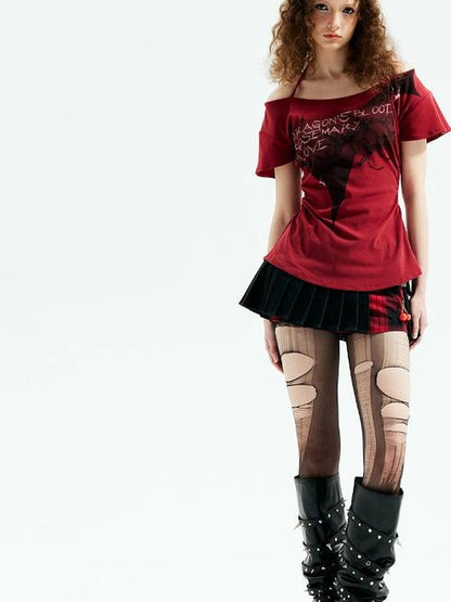 Emoha Unisex Gothic Print Red Flutter Sleeve V-neck T-shirt Long Sleeve