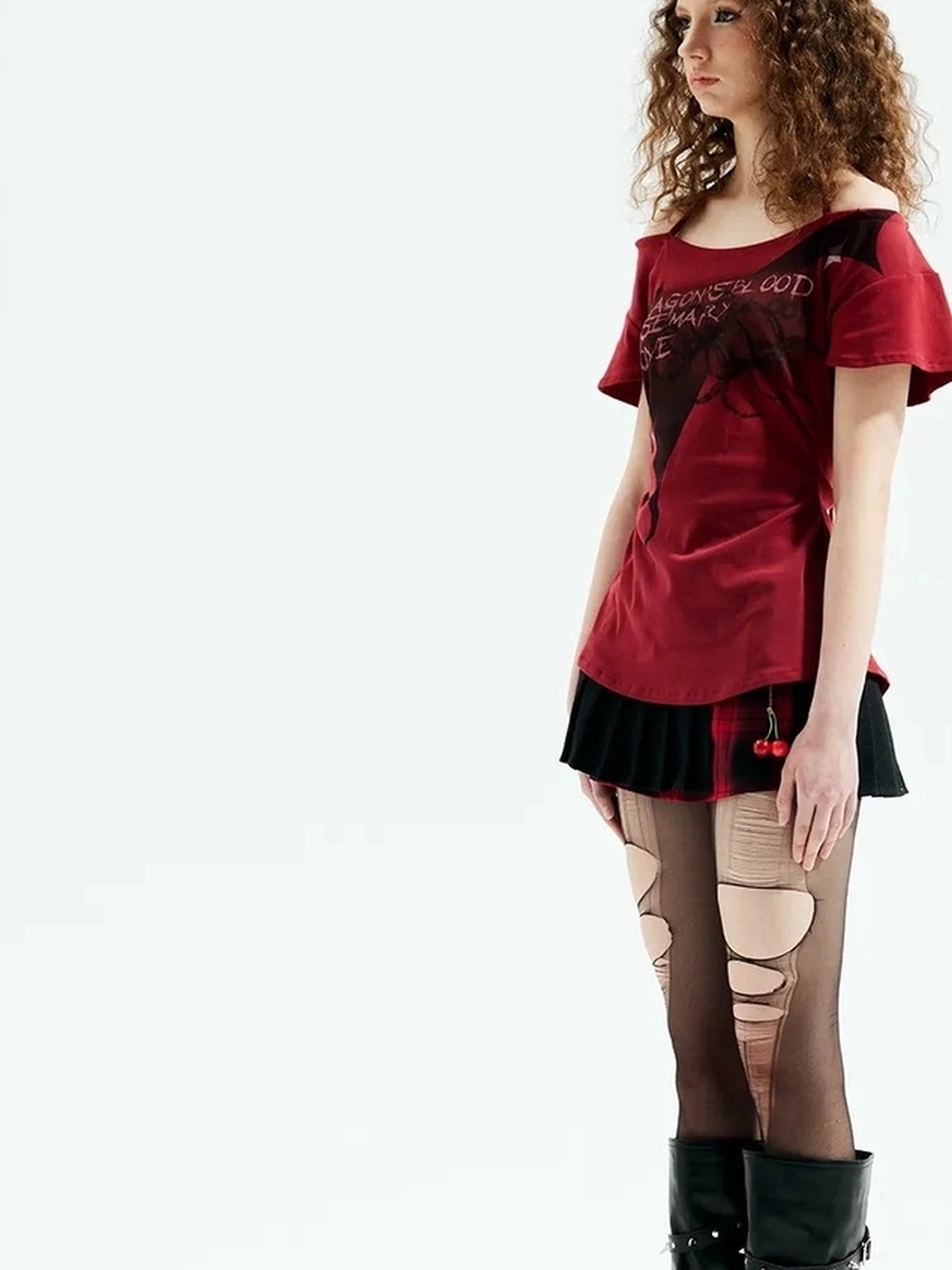 Emoha Unisex Gothic Print Red Flutter Sleeve V-neck T-shirt Long Sleeve