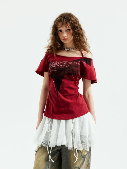 Emoha Unisex Gothic Print Red Flutter Sleeve V-neck T-shirt Long Sleeve
