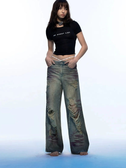 Emoha Vintage Grunge Distressed Ripped Baggy Jeans