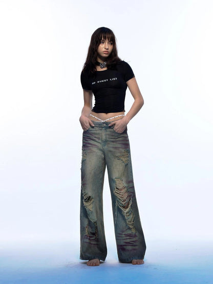 Emoha Vintage Grunge Distressed Ripped Baggy Jeans