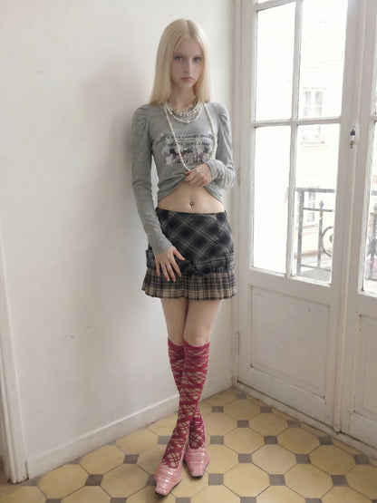 Emoha Vintage Plaid Pleated Low Waist A Line Patchwork Women&