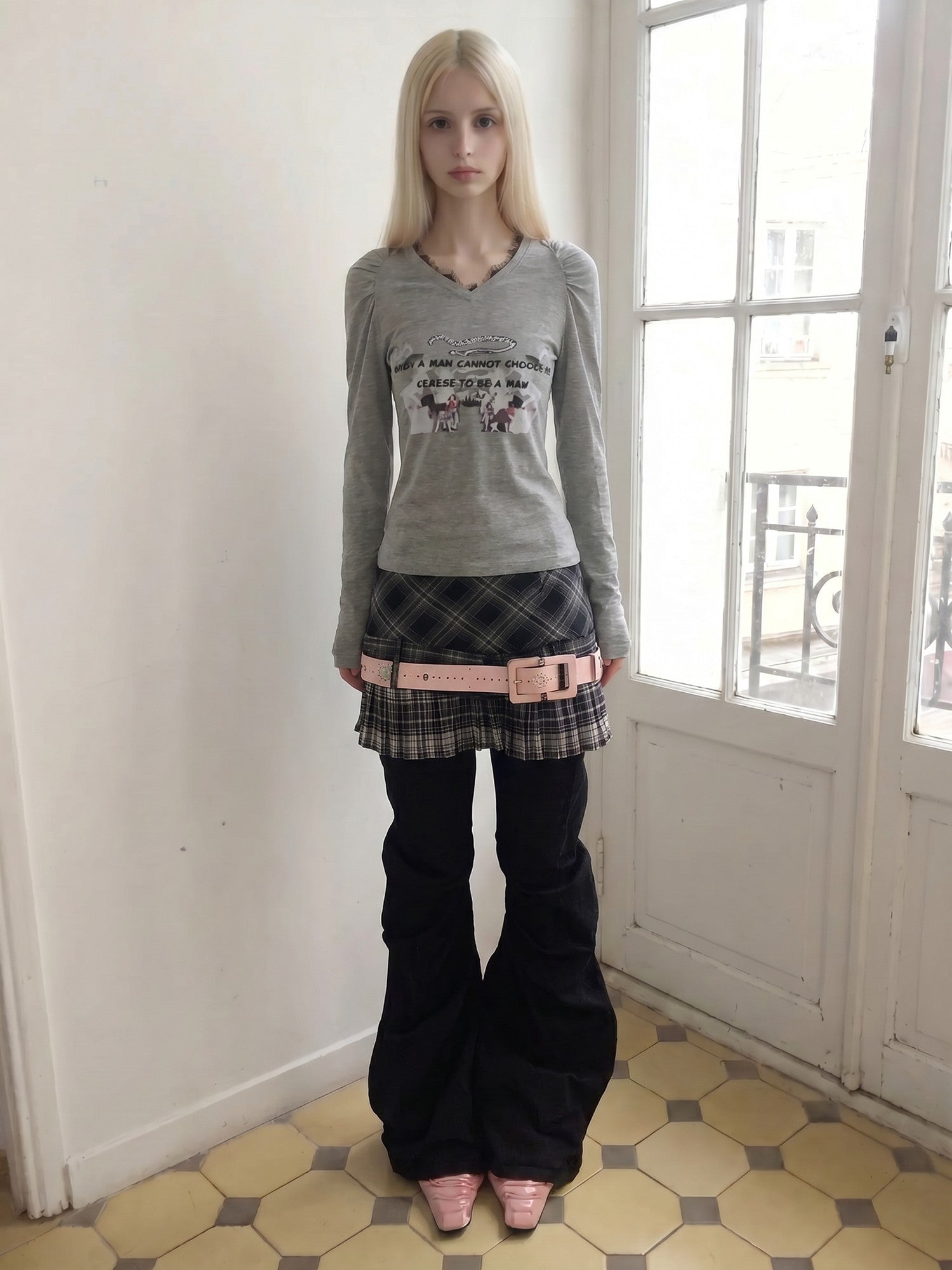 Emoha Vintage Plaid Pleated Low Waist A Line Patchwork Women&