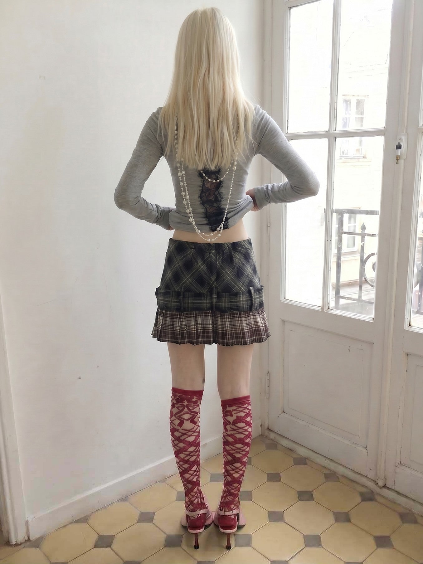 Emoha Vintage Plaid Pleated Low Waist A Line Patchwork Women&