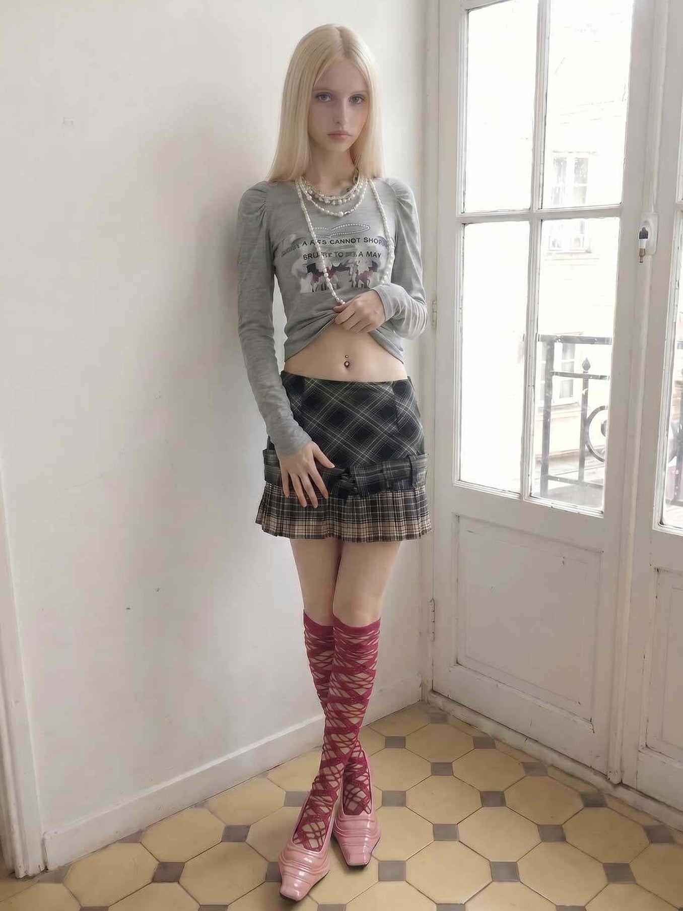 Emoha Vintage Plaid Pleated Low Waist A Line Patchwork Women&