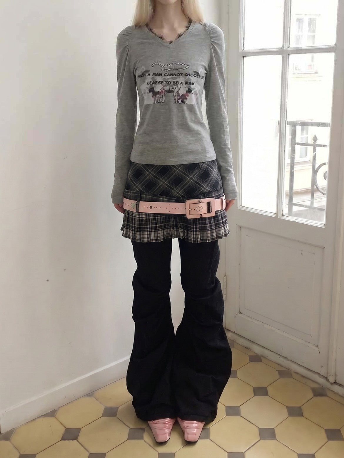 Emoha Vintage Plaid Pleated Low Waist A Line Patchwork Women&