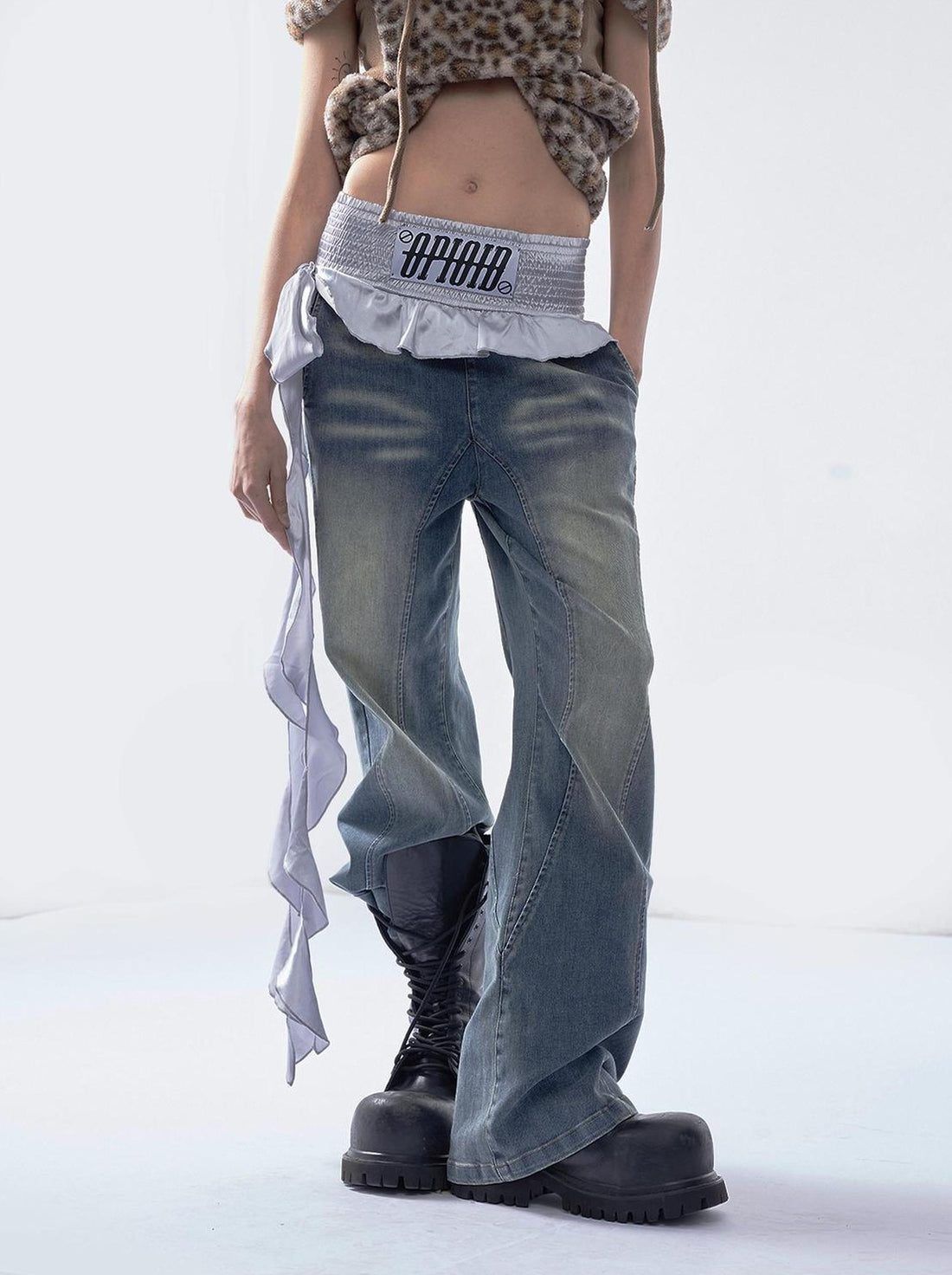 Emoha Vintage Washed Wide Leg Patchwork Denim Pants