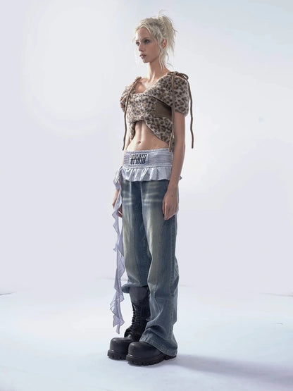Emoha Vintage Washed Wide Leg Patchwork Denim Pants