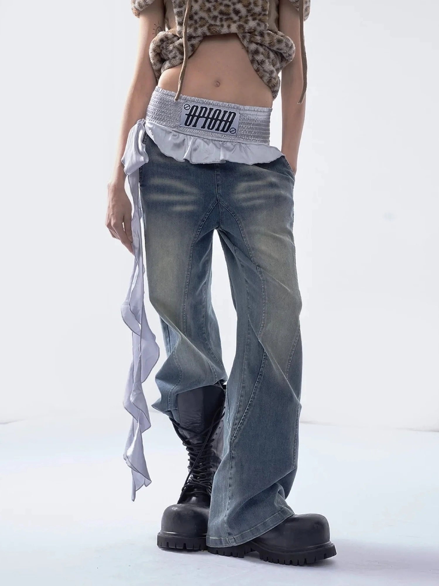 Emoha Vintage Washed Wide Leg Patchwork Denim Pants