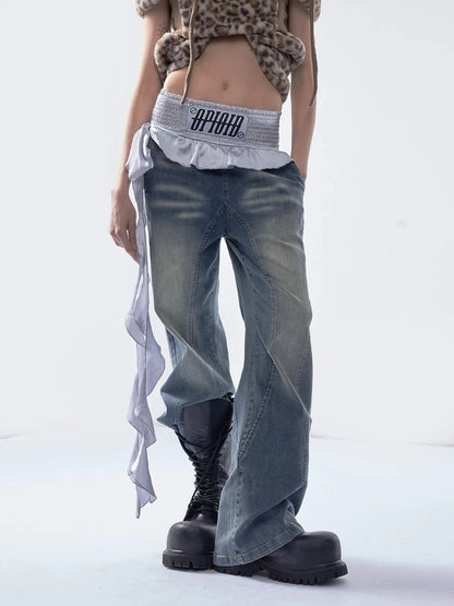 Emoha Vintage Washed Wide Leg Patchwork Denim Pants