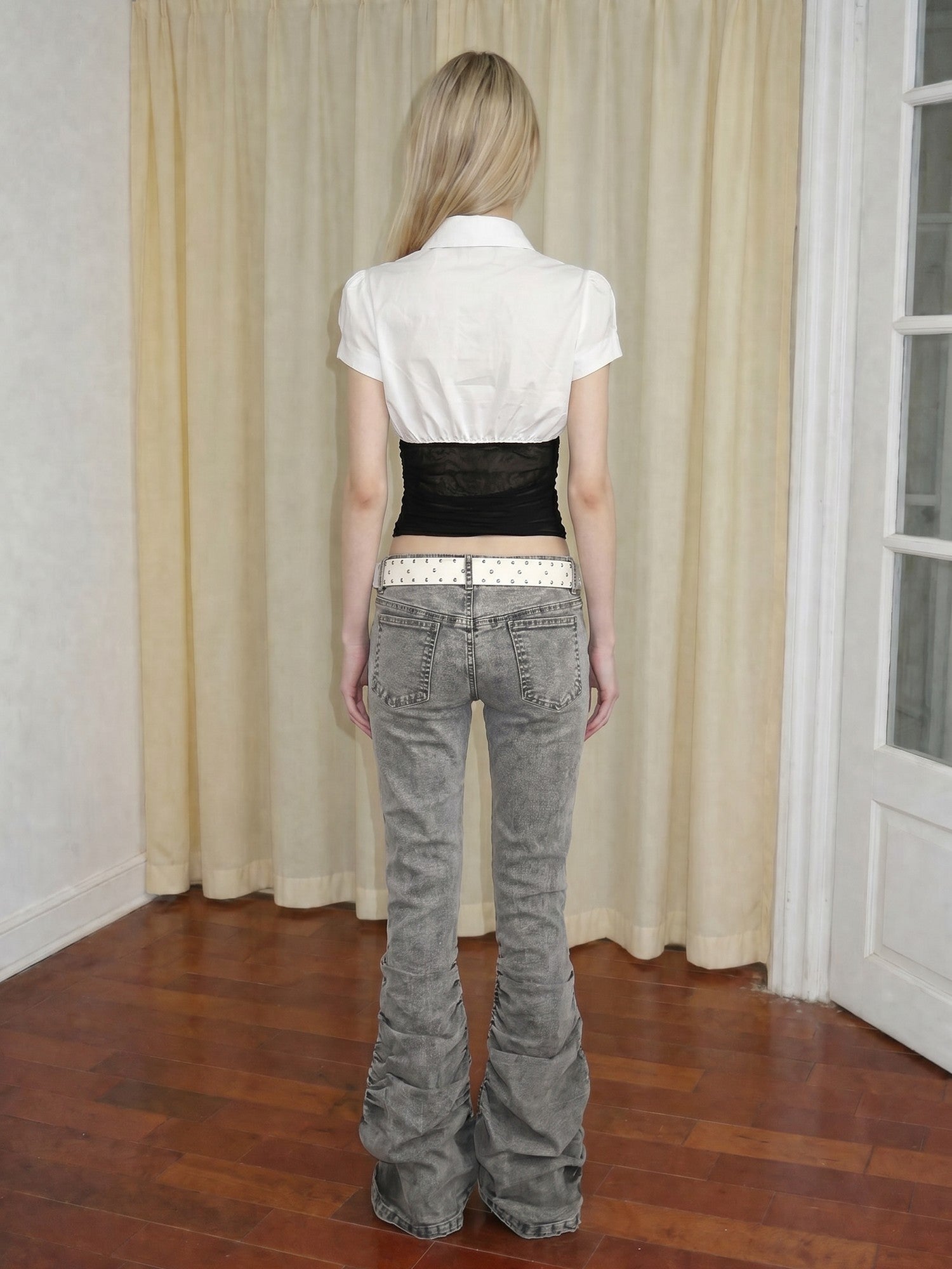 Emoha White Lace Splice Tie Puff Collar Fitted Waist Women&