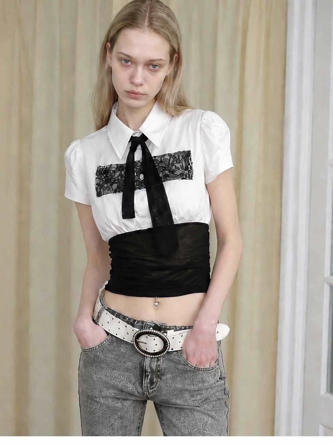 Emoha White Lace Splice Tie Puff Collar Fitted Waist Women&