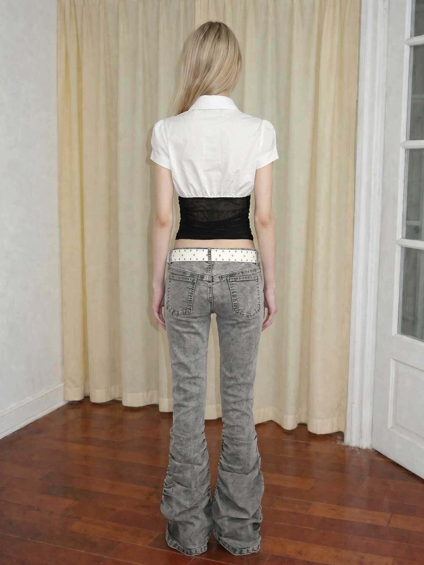 Emoha White Lace Splice Tie Puff Collar Fitted Waist Women&