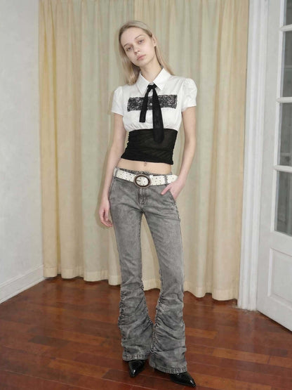 Emoha White Lace Splice Tie Puff Collar Fitted Waist Women&