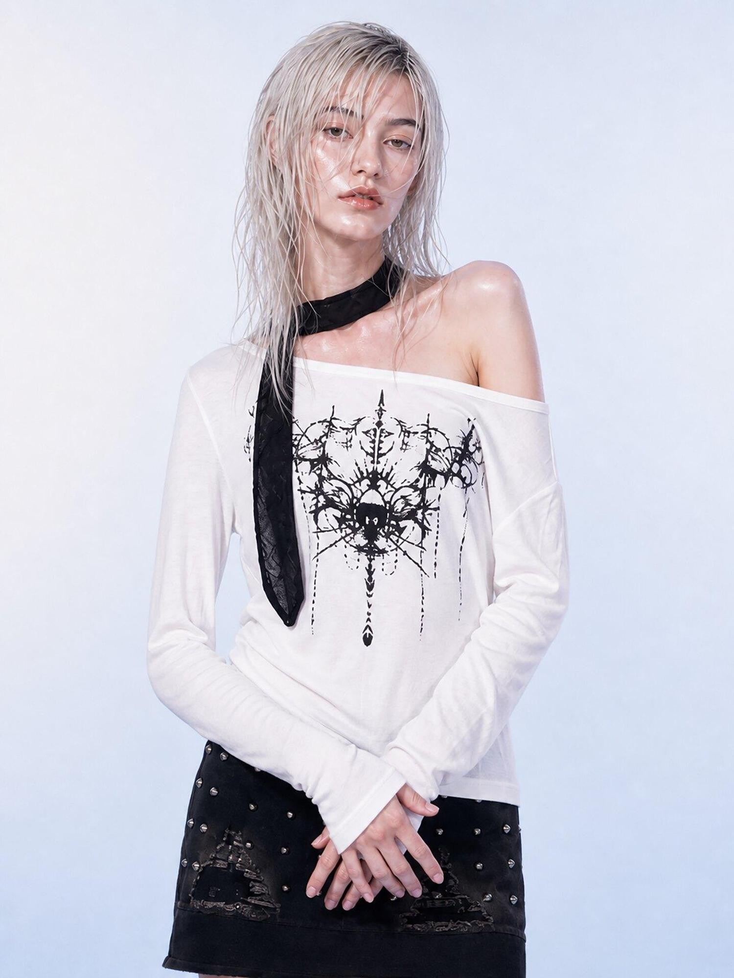 Emoha White One Shoulder Studded Gothic Print Women&