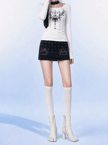 Emoha White One Shoulder Studded Gothic Print Women&