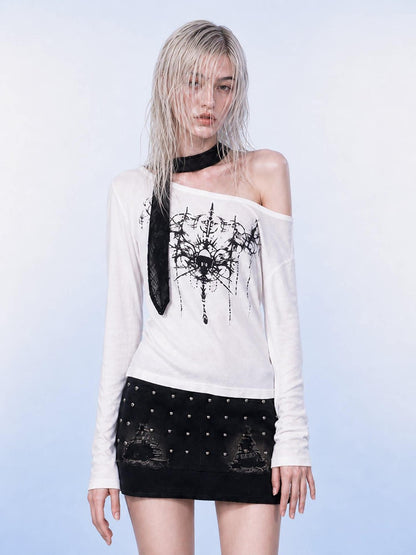 Emoha White One Shoulder Studded Gothic Print Women&