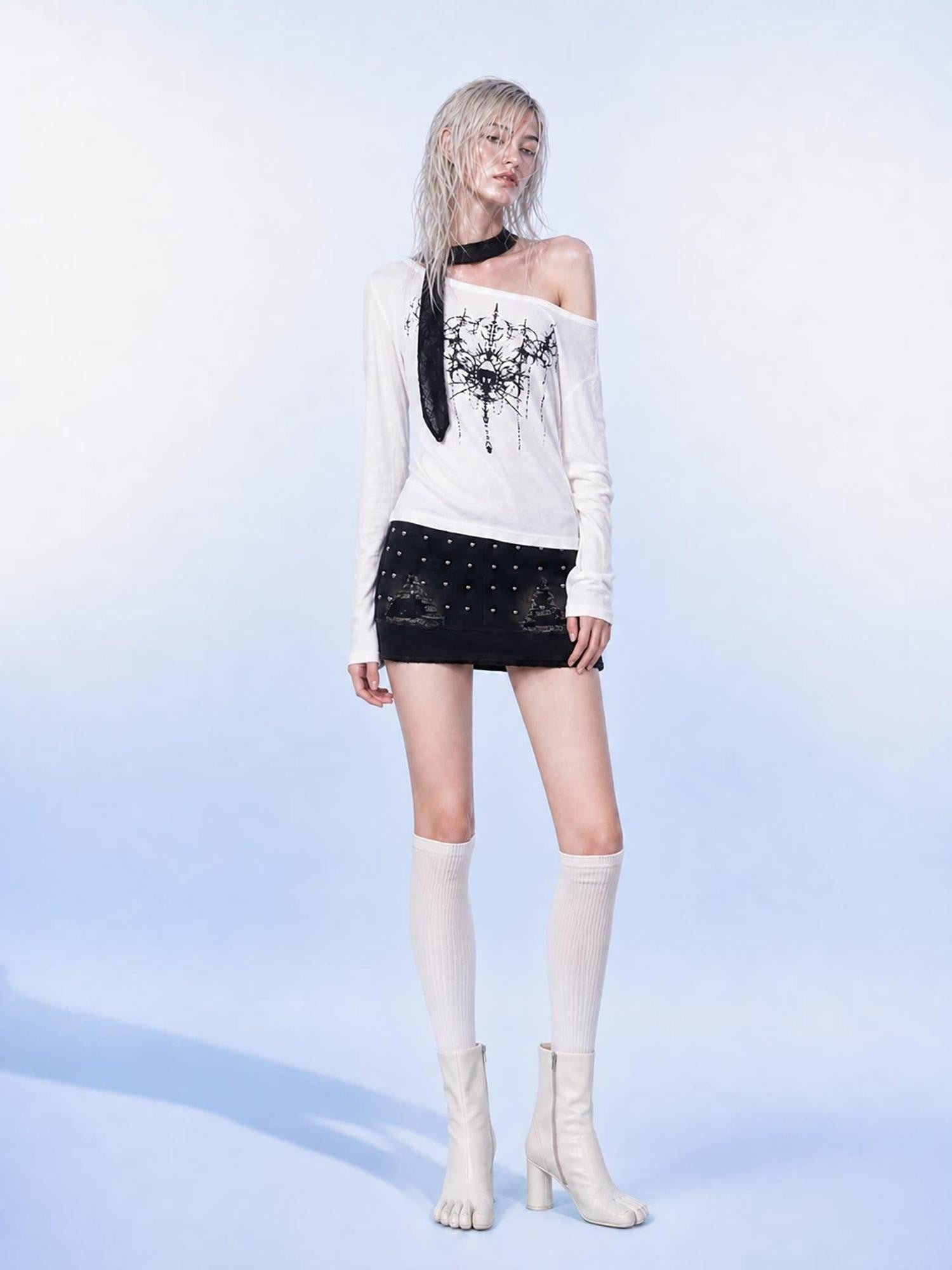 Emoha White One Shoulder Studded Gothic Print Women&