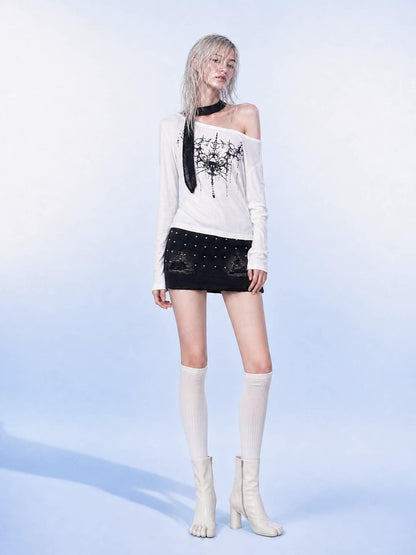 Emoha White One Shoulder Studded Gothic Print Women&