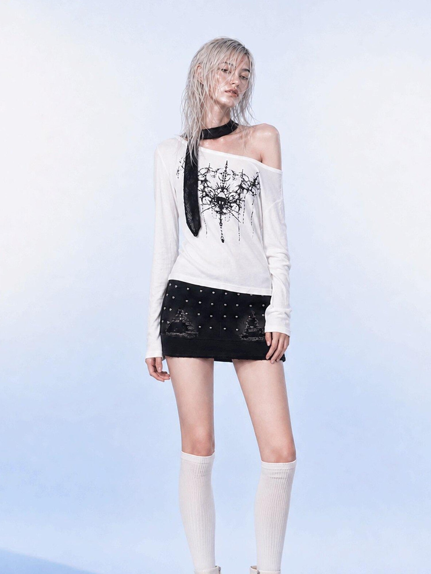 Emoha White One Shoulder Studded Gothic Print Women&