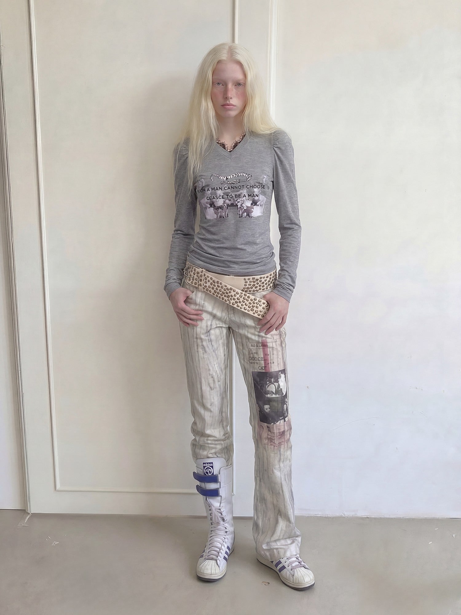 Emoha White Punk Music Character Print Low Waist Women&