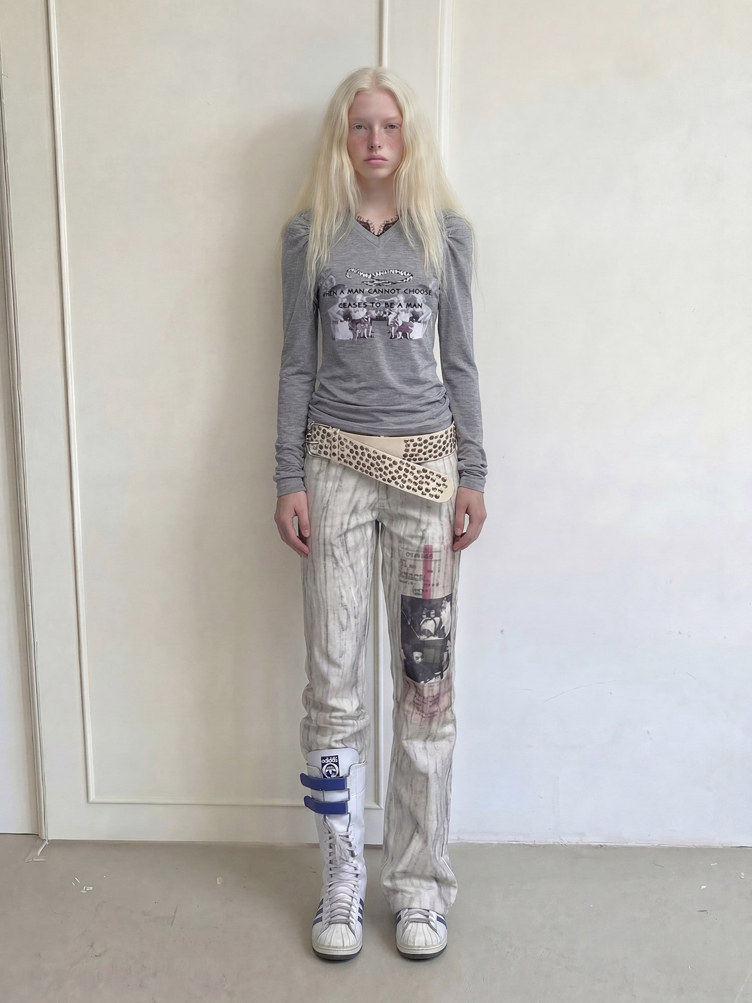 Emoha White Punk Music Character Print Low Waist Women&