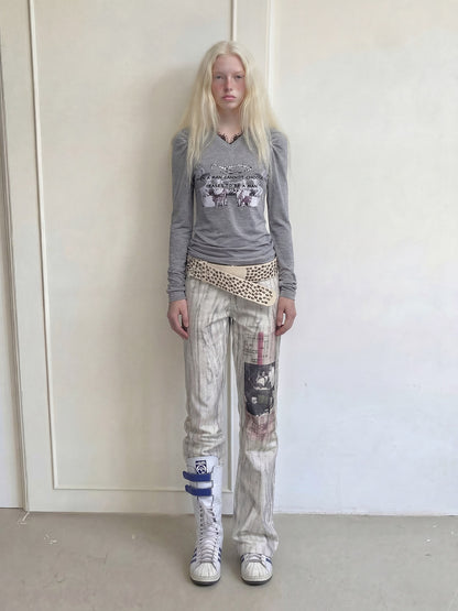 Emoha White Punk Music Character Print Low Waist Women&