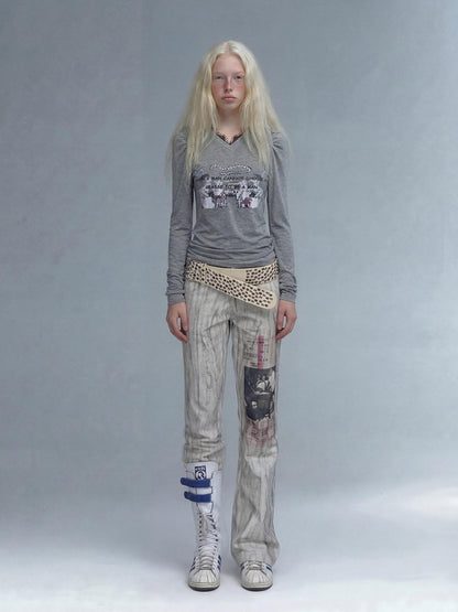 Emoha White Punk Music Character Print Low Waist Women&