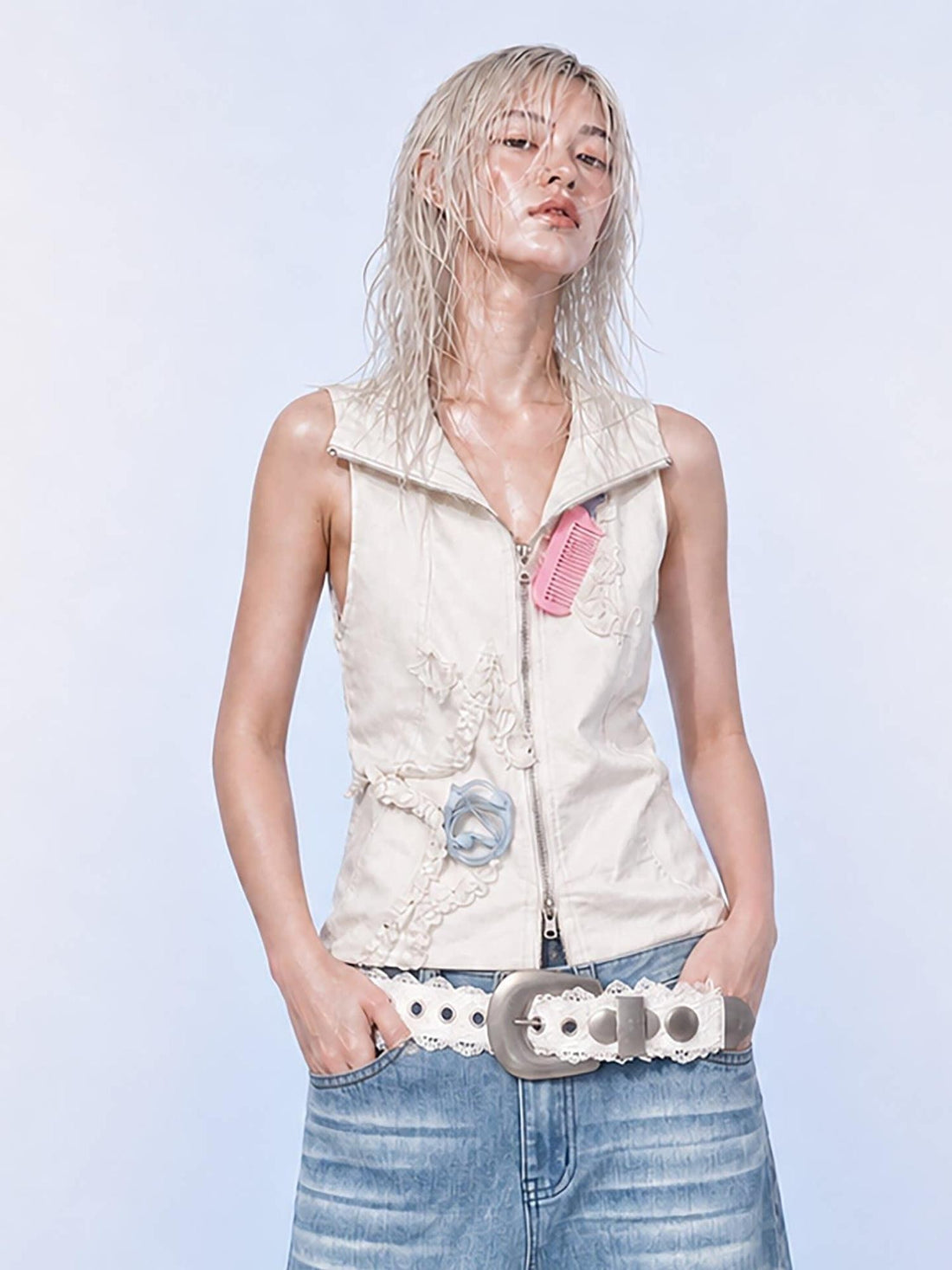 Emoha White Stand Collar Zipper Cropped Slim Sleeveless Women&