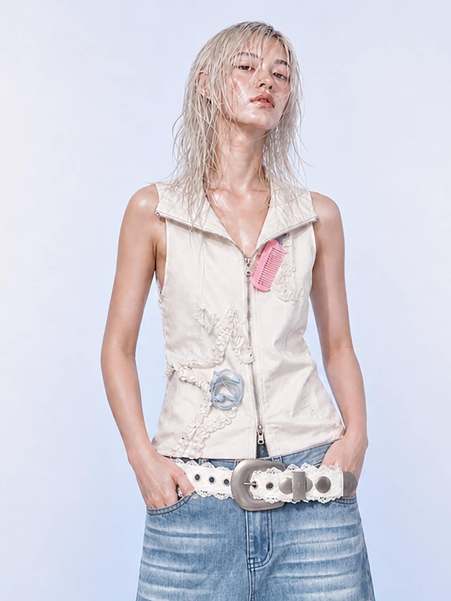 Emoha White Stand Collar Zipper Cropped Slim Sleeveless Women&