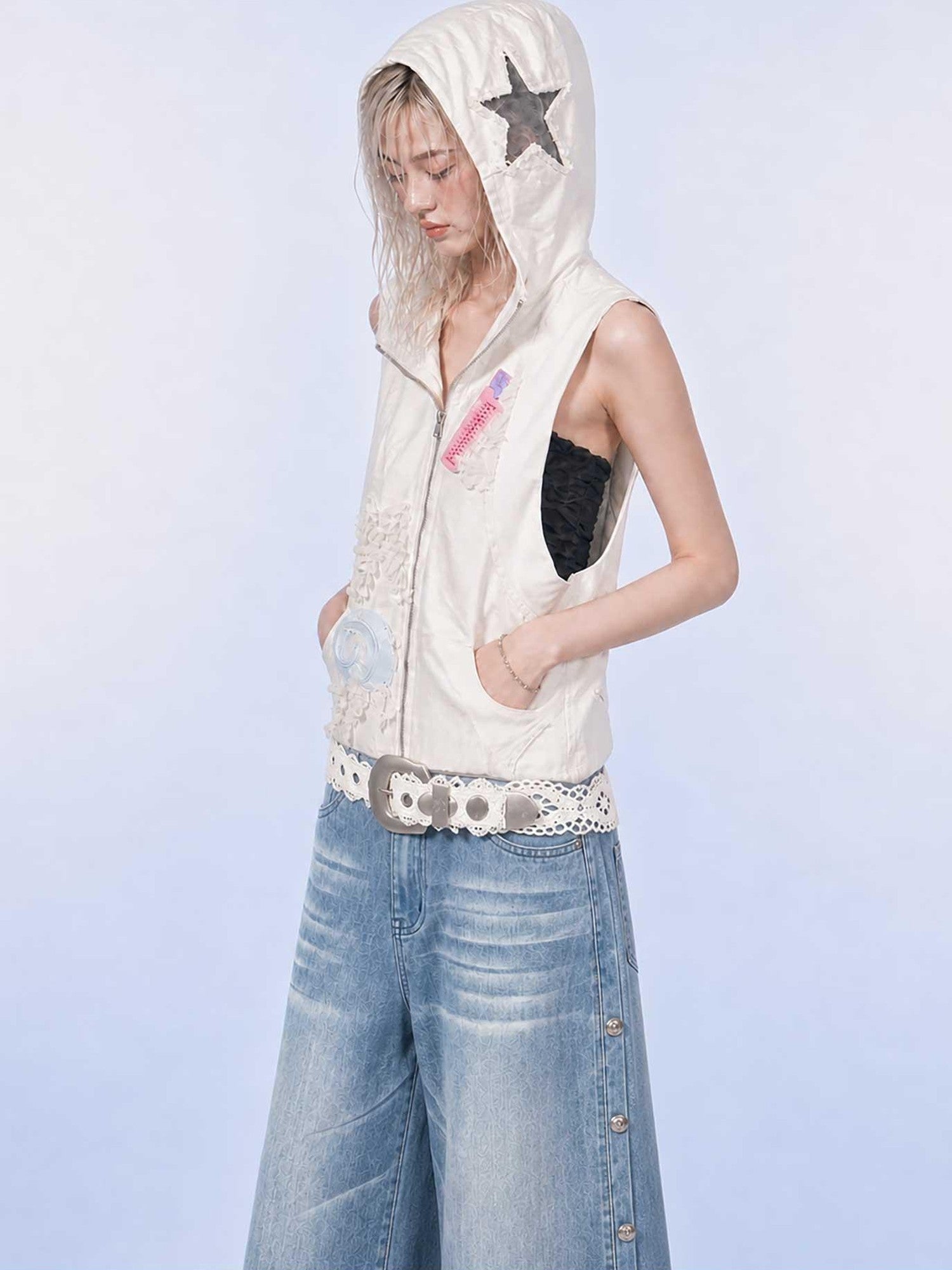 Emoha White Stand Collar Zipper Cropped Slim Sleeveless Women&