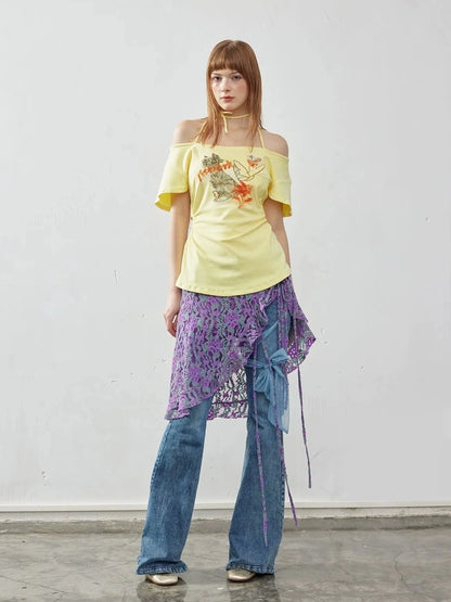 Emoha Y2K Hand Painted Off Shoulder Crop Top