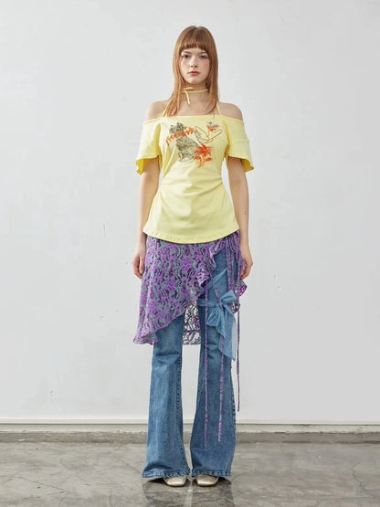 Emoha Y2K Hand Painted Off Shoulder Crop Top
