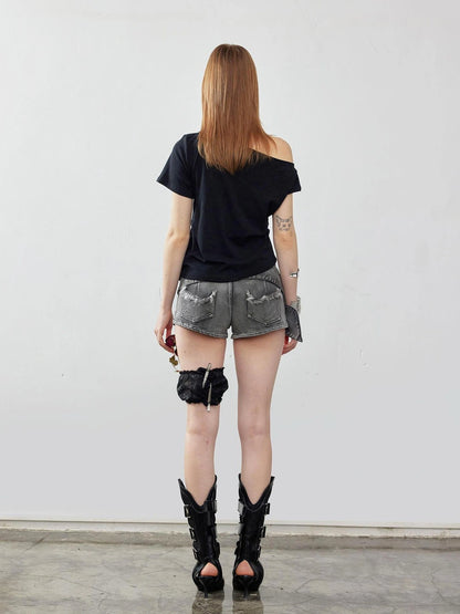 Emoha Y2K Ripped Denim Shorts With Cat Whiskers