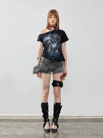 Emoha Y2K Ripped Denim Shorts With Cat Whiskers