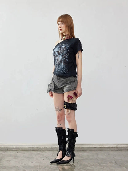 Emoha Y2K Ripped Denim Shorts With Cat Whiskers
